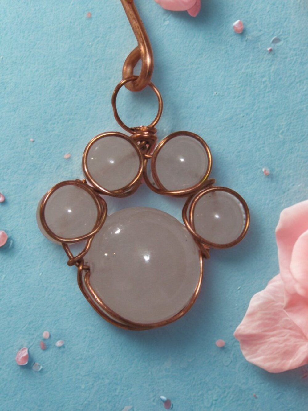 Handcrafted Rose Quartz Paw Print Gemstone Pendant Copper Wire Wrap Dog Cat Love